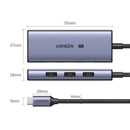 Хаб (разветвитель) Type-C - HDMI 8K 30Hz, 3 х USB 3.0 Ugreen CM500 серый