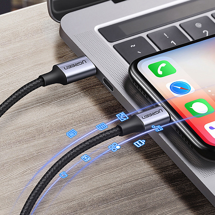 Кабель Type-C - Lightning для зарядки 2 м 3А MFi плетеный Ugreen US304 (быстрая зарядка PD) черный