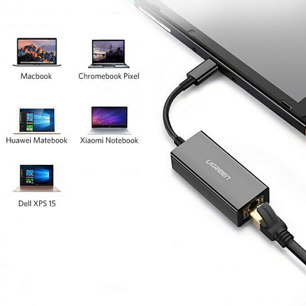 Переходник Type-C  - Ethernet RJ45 (папа - мама) с кабелем Ugreen 30287 черный