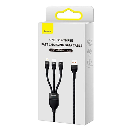 Кабель USB - MicroUSB, Lightning, Type-C 1,2 м 2.4A 100W плетеный Baseus Flash Series черный