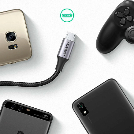Кабель USB - MicroUSB для зарядки 2 м 2А 18W плетеный Ugreen US290 (быстрая зарядка QC 3.0) черный
