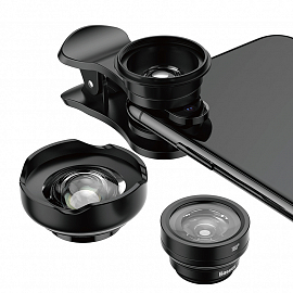 Объектив для телефона универсальный 3-в-1: Fisheye, Wide-Angle, Macro на прищепке Baseus Magic Camera черный