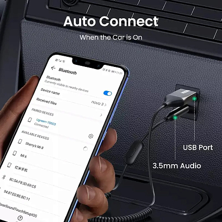 Bluetooth аудио адаптер (ресивер) 3,5 мм в USB порт cо слотом для MicroSD Ugreen CM310 с громкой связью черный