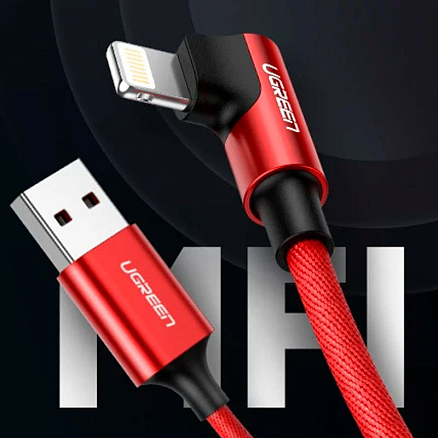 Кабель USB - Lightning для зарядки iPhone 1 м 2.4А MFi с угловым Lightning плетеный Ugreen US299 красный