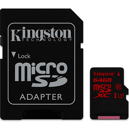 Карта памяти Kingston SDCA3 MicroSDXC 64Gb Class 10 UHS-I U3 4K2K с адаптером SD