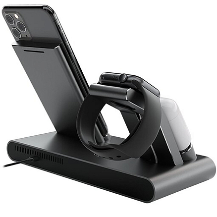 Беспроводная зарядка 3-в-1 для телефона, Apple Watch и AirPods 10W Prestigio ReVolt A1 (быстрая зарядка) темно-серая