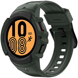 Чехол с ремешком для Samsung Galaxy Watch 4, Watch 5 44 мм гелевый Spigen Rugged Armor Pro зеленый