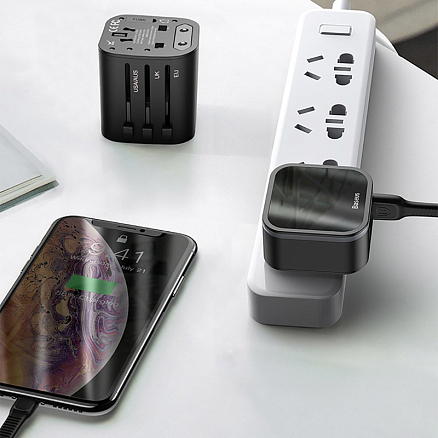 Переходник для розетки универсальный c USB и Type-C 3А 18W (быстрая зарядка) Baseus Removable черный