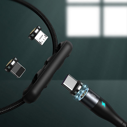 Кабель USB - MicroUSB, Lightning, Type-C 1 м 5А 40W магнитный плетеный Baseus Zinc (быстрая зарядка) черно-серый
