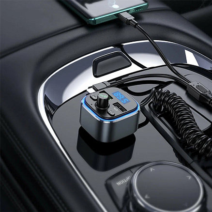 FM модулятор (трансмиттер) автомобильный с громкой связью, USB QC для зарядки и кабелем Type-C + Lightning Hoco E74 серый