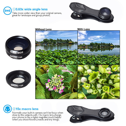 Объектив для телефона универсальный 10-в-1: Telephoto 2X, Fisheye, Wide-Angle, Macro и 6 фильтров Apexel APL-DG10