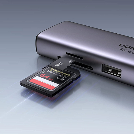 Хаб (разветвитель) Type-C - USB 3.0, HDMI 4K 30Hz, RJ45, SD, microSD, PD 100W Ugreen CM512 серый