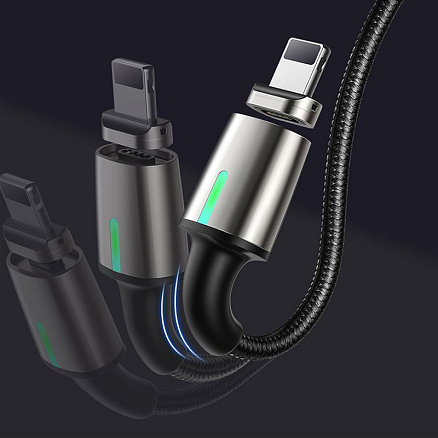 Кабель USB - MicroUSB, Lightning, Type-C 2 м 2А со сменными штекерами магнитный плетеный Baseus Zinc черный
