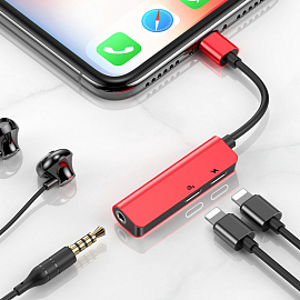 Переходник Lightning - 3,5 мм, 2 х Lightning (папа - мама, мама) Baseus L52 красно-черный