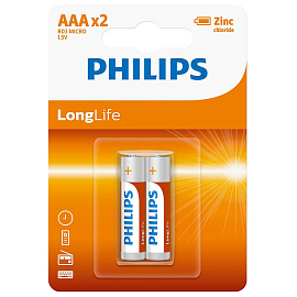 Батарейка LR03 (пальчиковая маленькая AAA) Philips Longlife Zinc R03L2B/97 упаковка 2 шт.