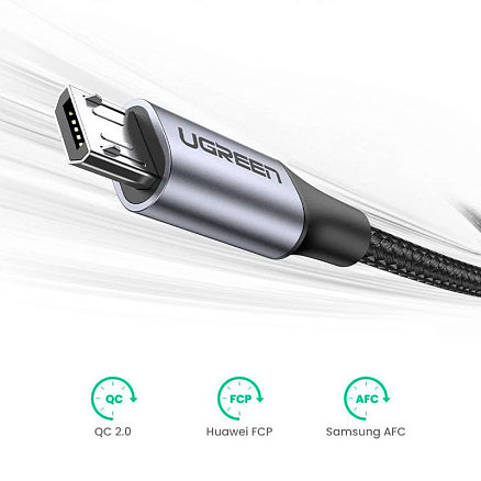 Кабель USB - MicroUSB для зарядки 2 м 2А 18W плетеный Ugreen US290 (быстрая зарядка QC 3.0) черный