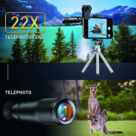 Объектив для телефона универсальный 4-в-1: Telephoto 22Х, Fisheye, Wide-Angle, Macro Apexel APL-22 + штатив для телефона