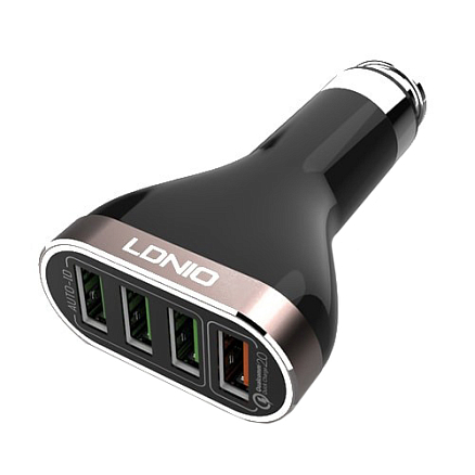 Зарядное устройство автомобильное с четырьмя USB входами 7A и MicroUSB кабелем Ldnio С701Q (быстрая зарядка QC 2.0) черно-розовое