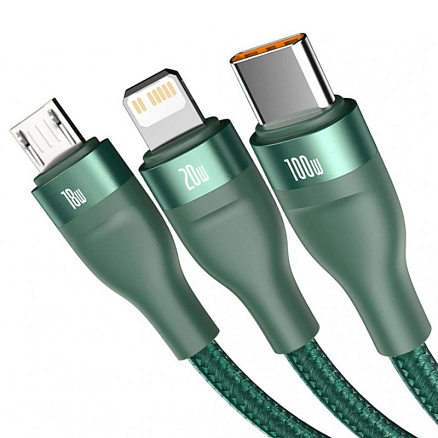 Кабель USB, Type-C - MicroUSB, Lightning, Type-C для зарядки 1,2 м 100W плетеный Baseus Flash Series зеленый