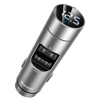 FM модулятор (трансмиттер) автомобильный Baseus Energy Column с громкой связью и двумя USB (3.1A) для зарядки серый
