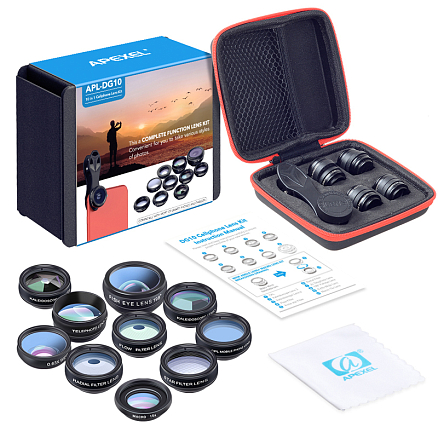 Объектив для телефона универсальный 10-в-1: Telephoto 2X, Fisheye, Wide-Angle, Macro и 6 фильтров Apexel APL-DG10