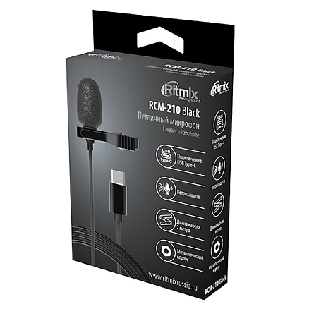 Микрофон петличный Ritmix RCM-210 в разъем Type-C черный