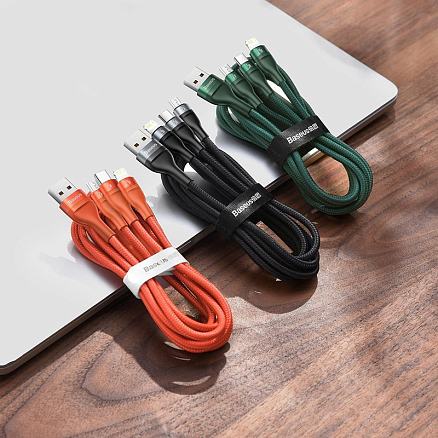Кабель USB - Lightning, MicroUSB, Type-C 1,2 м 5A 66W плетеный Baseus Flash (быстрая зарядка) черный 
