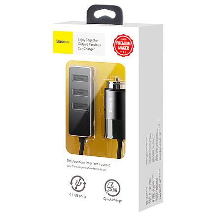 Зарядное устройство автомобильное с четырьмя USB входами 5.5А и кабелем 1,5 м Baseus Enjoy Together черное
