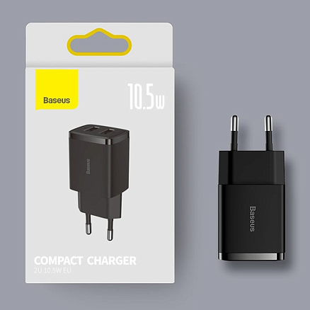 Зарядное устройство сетевое с двумя USB входами Baseus Compact Charger 2U 10.5W черное