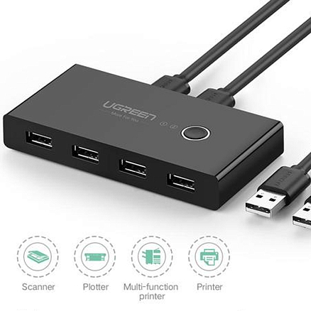 USB 2.0 переключатель 2x4 порта (2 USB входа на 4 USB выхода) Ugreen US216 черный
