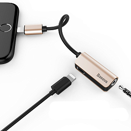 Переходник Lightning - 3,5 мм, Lightning (папа - мама, мама) Baseus L32 золотистый