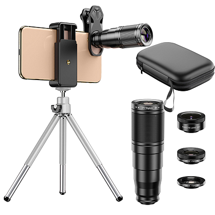 Объектив для телефона универсальный 4-в-1: Telephoto 22Х, Fisheye, Wide-Angle, Macro Apexel APL-22 + штатив для телефона