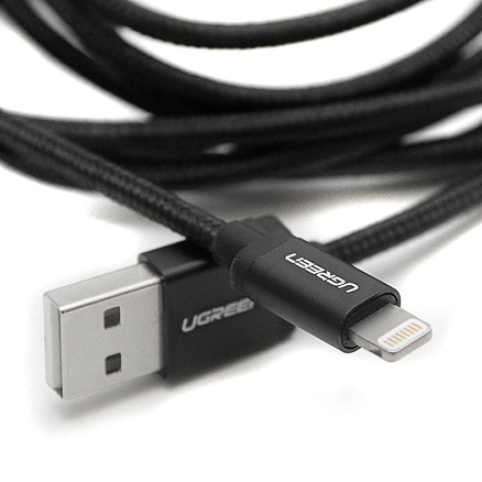 Кабель USB - Lightning для зарядки iPhone 2 м MFi плетеный Ugreen US199 (быстрая зарядка) черный