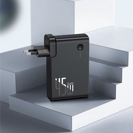 Зарядное устройство сетевое с USB и Type-C входами 5А 45W (быстрая зарядка QC 3.0, PD 3.0) + внешний аккумулятор 10000мАч Baseus GaN Power Station черное