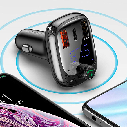 FM модулятор (трансмиттер) автомобильный Baseus S-13 с громкой связью, двумя USB (5A, Q.C 4.0) для зарядки и Type-C (PD 3.0) черный