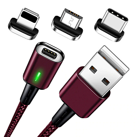 Кабель USB - MicroUSB, Lightning, Type-C 1 м 3A со сменными штекерами магнитный Elough (быстрая зарядка) бордовый
