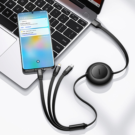 Кабель USB - MicroUSB, Lightning, Type-C для зарядки 1,1 м 3.5А плоский Baseus Bright Mirror черный