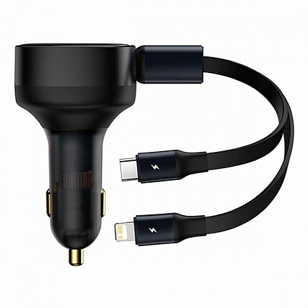 Зарядное устройство автомобильное с кабелем Type-C, Lightning 30W Baseus Enjoyment Retractable (быстрая зарядка PD) черное