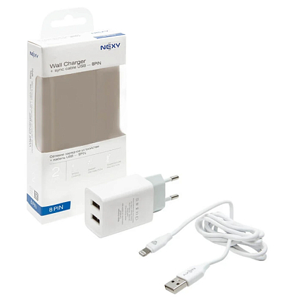 Зарядное устройство сетевое с двумя USB входами 2.1A и Lightning кабелем Nexy Jet Series MC02 белое