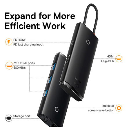 Хаб (разветвитель) Type-C - HDMI, 3 х USB 3.0, Type-C PD Baseus Lite Series черный