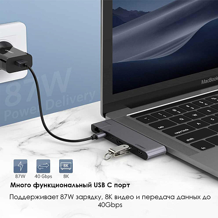 Хаб (разветвитель) Dual Type-C - HDMI 4K 60Hz, 2 х USB 3.0, Gigabit Ethernet, 2 х Type-C PD 100W Ugreen CM218 серый