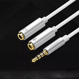 Переходник 3,5 мм 4 pin - 2 х 3,5 мм наушники и микрофон (папа - мама, мама) Ugreen AV141 белый