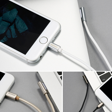 Кабель USB - Lightning для зарядки iPhone с угловым USB 1 м 2.1A Remax Emperor серебристый