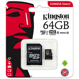 Карта памяти Kingston Canvas Select MicroSDXC 64Gb Class 10 UHS-I с адаптером SD