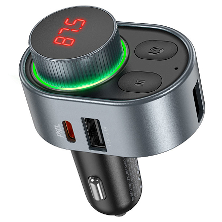 FM модулятор (трансмиттер) автомобильный с громкой связью, Type-C PD 30W и USB QC для зарядки Hoco E72 Alegria серый