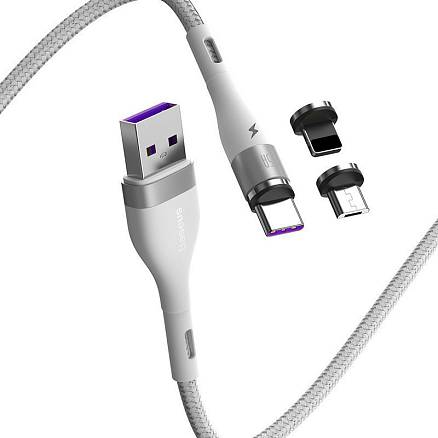 Кабель USB - MicroUSB, Lightning, Type-C 1 м 5А 40W магнитный плетеный Baseus Zinc (быстрая зарядка) белый