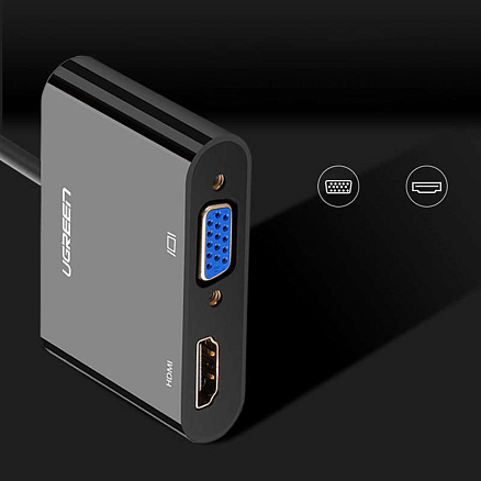 Преобразователь HDMI - VGA + Audio, HDMI (папа - мама, мама) с кабелем Ugreen CM101 черный
