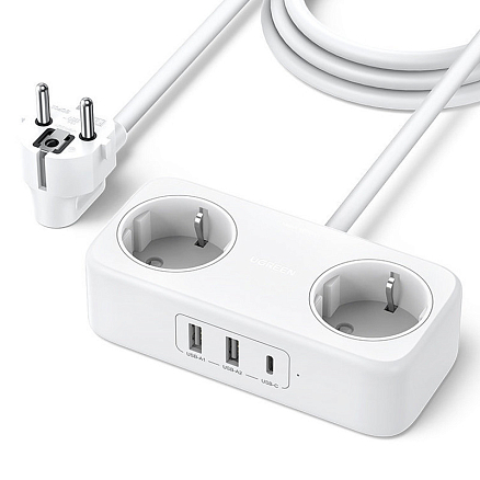 Сетевой фильтр на 2 розетки, 2 USB 3.4A, Type-C длина 1,8 м Ugreen CD280 белый