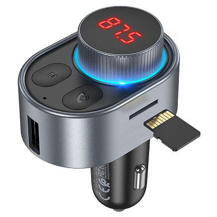 FM модулятор (трансмиттер) автомобильный с громкой связью, Type-C PD 30W и USB QC для зарядки Hoco E72 Alegria серый