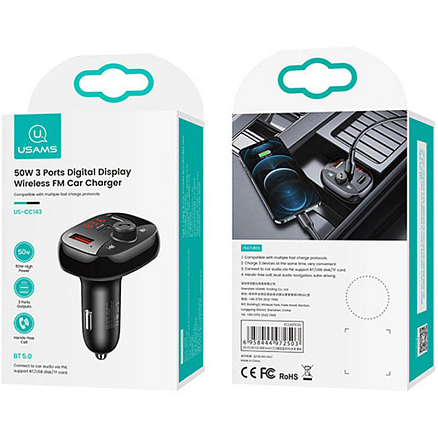 FM модулятор (трансмиттер) автомобильный Usams US-CC143 с громкой связью, двумя USB и Type-C (быстрая зарядка QC 3.0, PD) черный